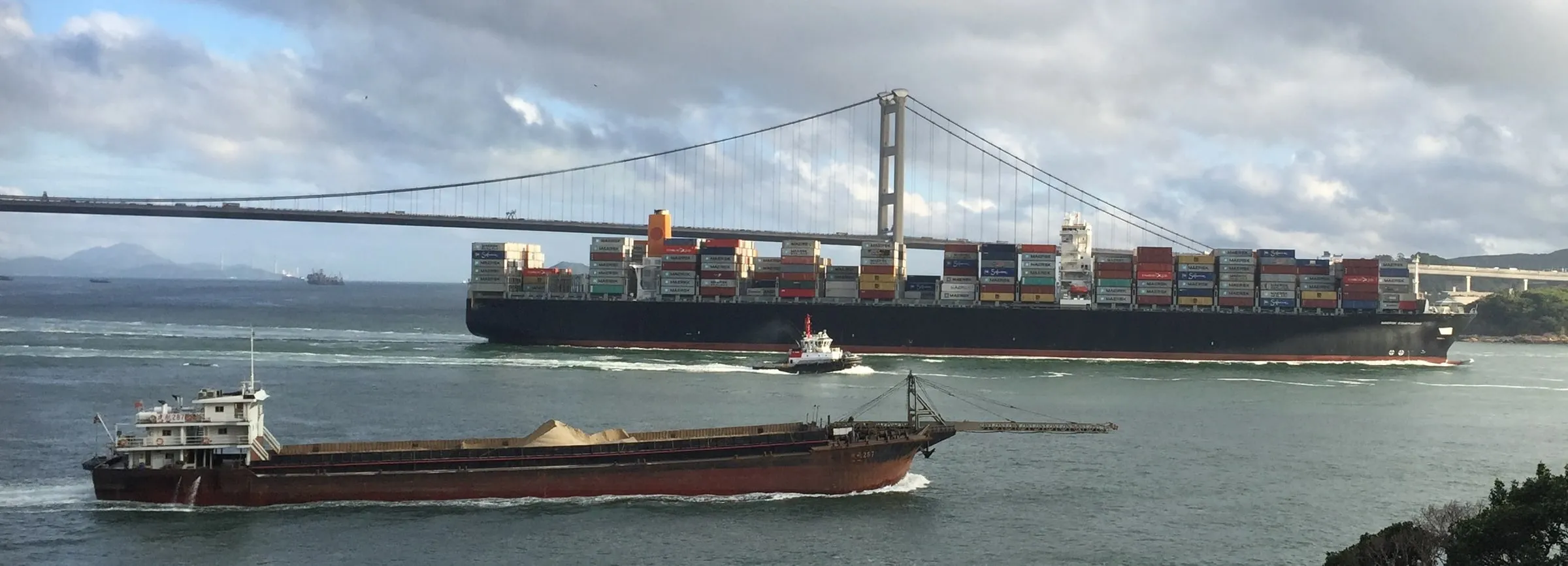 Container ship and bulk carrier passing beneath a suspension bridge - photograph by Simon Daniels
