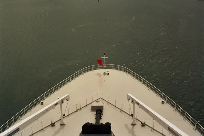 Looking down over the bow of Cunard’s Queen Mary 2 at sea - photograph by Simon Daniels